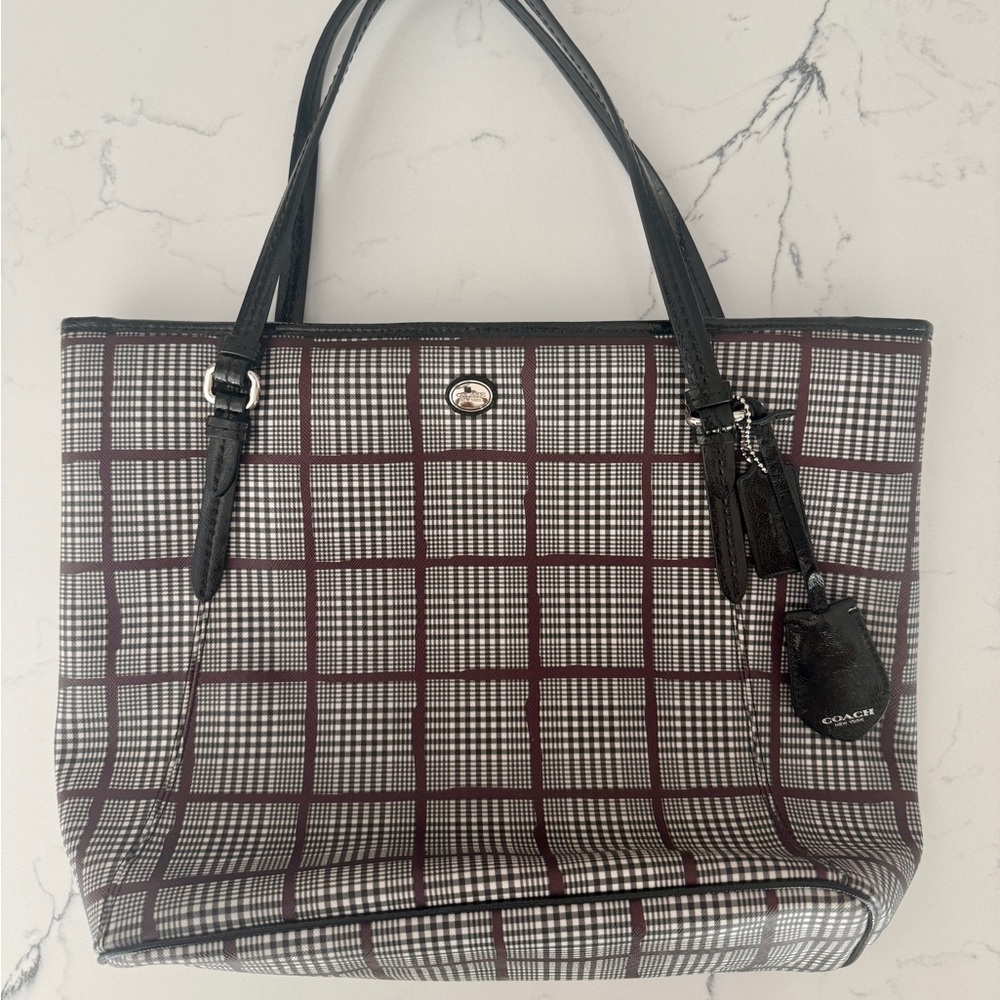 Vintage Coach Plaid Tote in Black and Burgundy Grid